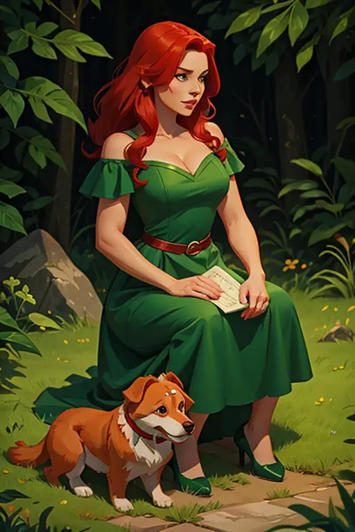 emerald enchantress's canine companion: a series of illustrations featuring a charming red-haired woman in a green dress and her...