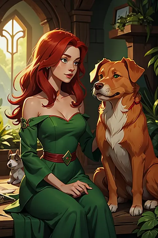 emerald enchantress's canine companion: a series of illustrations featuring a charming red-haired woman in a green dress and her...