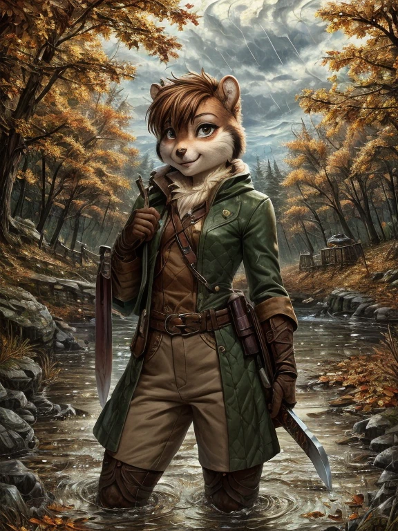 (傑作, 最好的品質:1.3), 雌雄同体花栗鼠, 可愛的臉孔, 拿着剑, 停在溪边, 綠色冒險家衣服, 秋日风暴麦克福尔风格