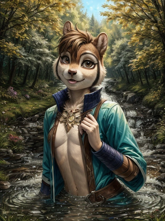 (masterpiece, best quality:1.3), androgynous Chipmunk, face focus, thin body, stopping by a stream, green adventurer clothes,