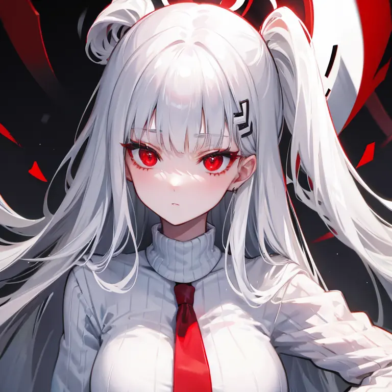 head focus, red eyes, hair ornament, (white hair), sweater, suit,