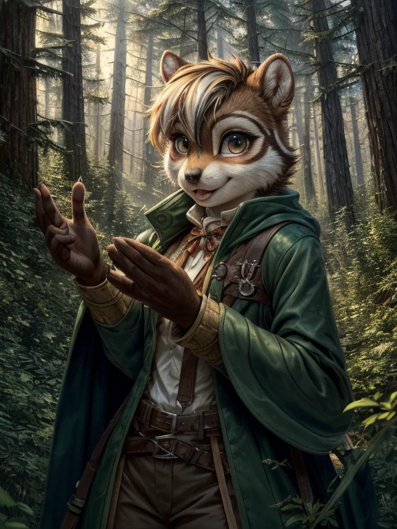 (masterpiece, best quality:1.3), androgynous Chipmunk, face focus, thin body, oversized forest, green adventurer clothes, following a spell, (hide hands)