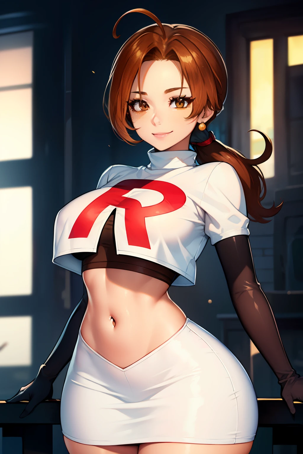 deliaketchum, brown hair, (brown eyes:1.7), parted bangs, (ahoge:1.5), ponytail, low ponytail,glossy lips, light makeup, eye shadow, earrings ,team rocket,team rocket uniform, red letter R, white skirt,white crop top,black thigh-high boots, black elbow gloves, evil smile look,