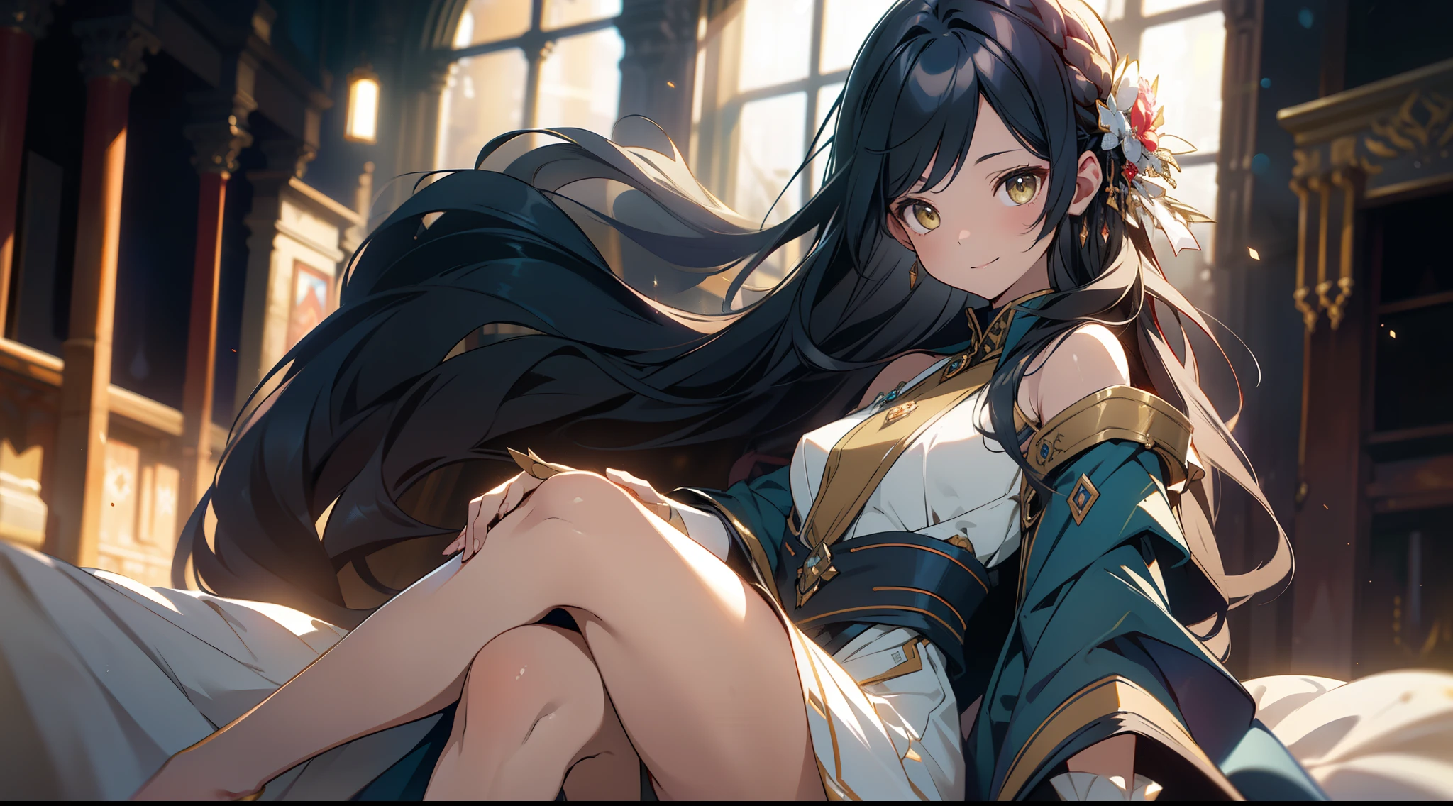 an alone mature girl with long blue and yellow eyes sitting on the bed and spread leg , night, High detail mature face, tie hair on the left side, golden eyes, bare leg, bare shoulder, white noble priest dress, high res, ultra sharp, 8k, masterpiece, smiling, fantasy world, magical radiance background ((Best quality)), ((masterpiece)), 3D, HDR (High Dynamic Range),Ray Tracing, NVIDIA RTX, Super-Resolution, Unreal 5,Subsurface scattering, PBR Texturing, Post-processing, Anisotropic Filtering, Depth-of-field, Maximum clarity and sharpness, Multi-layered textures, Albedo and Specular maps, Surface shading, Accurate simulation of light-material interaction, Perfect proportions, Octane Render, Two-tone lighting, Wide aperture, Low ISO, White balance, Rule of thirds,8K RAW, Aura, masterpiece, best quality, Mysterious expression, magical effects like sparkles or energy, flowing robes or enchanting attire, mechanic creatures or mystical background, rim lighting, side lighting, cinematic light, ultra high res, 8k uhd, film grain, best shadow, delicate, RAW, light particles, detailed skin texture, detailed cloth texture, beautiful face, 
(masterpiece), best quality, expressive eyes, perfect face,