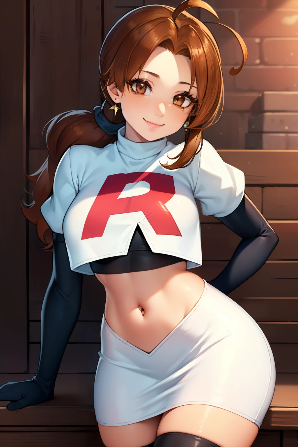 deliaketchum, brown hair, (brown eyes:1.7), parted bangs, (ahoge:1.5), ponytail, low ponytail,glossy lips, light makeup, eye shadow, earrings ,team rocket,team rocket uniform, red letter R, white skirt,white crop top,black thigh-high boots, black elbow gloves, evil smile look,