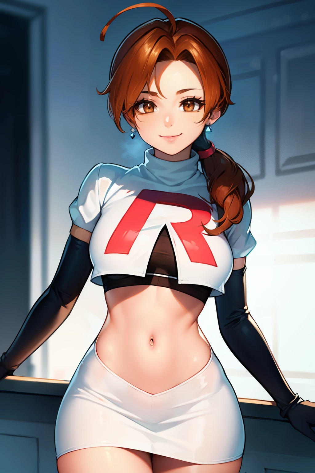 deliaketchum, brown hair, (brown eyes:1.7), parted bangs, (ahoge:1.5), ponytail, low ponytail,glossy lips, light makeup, eye shadow, earrings ,team rocket,team rocket uniform, red letter R, white skirt,white crop top,black thigh-high boots, black elbow gloves, evil smile look,