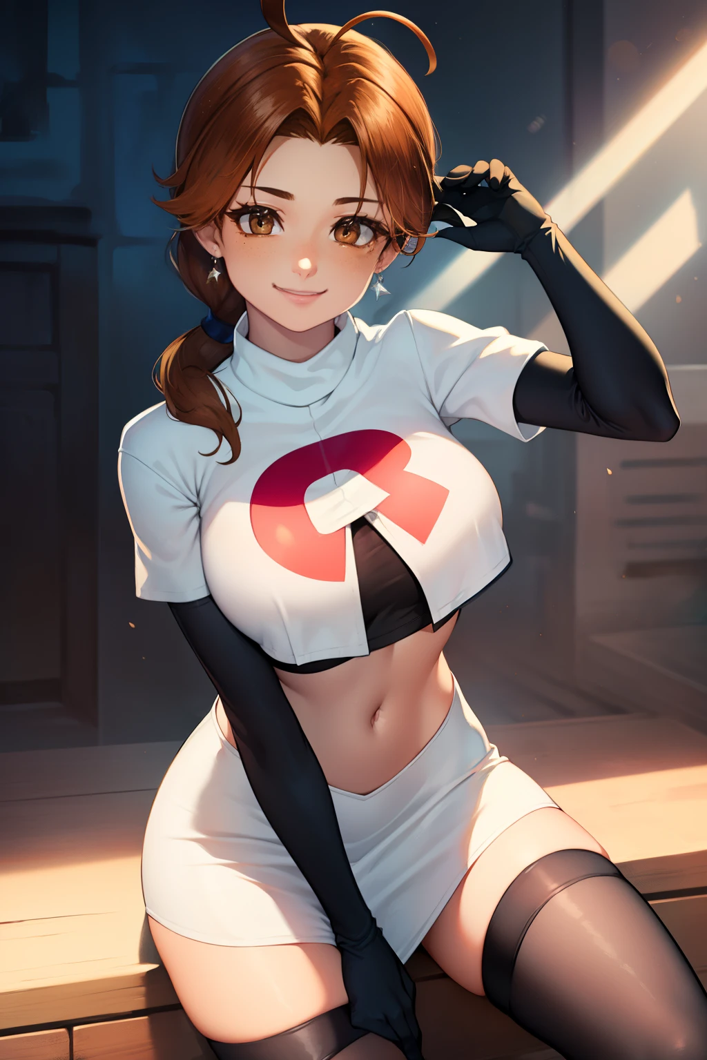 deliaketchum, brown hair, (brown eyes:1.7), parted bangs, (ahoge:1.5), ponytail, low ponytail,glossy lips, light makeup, eye shadow, earrings ,team rocket,team rocket uniform, red letter R, white skirt,white crop top,black thigh-high boots, black elbow gloves, evil smile look,