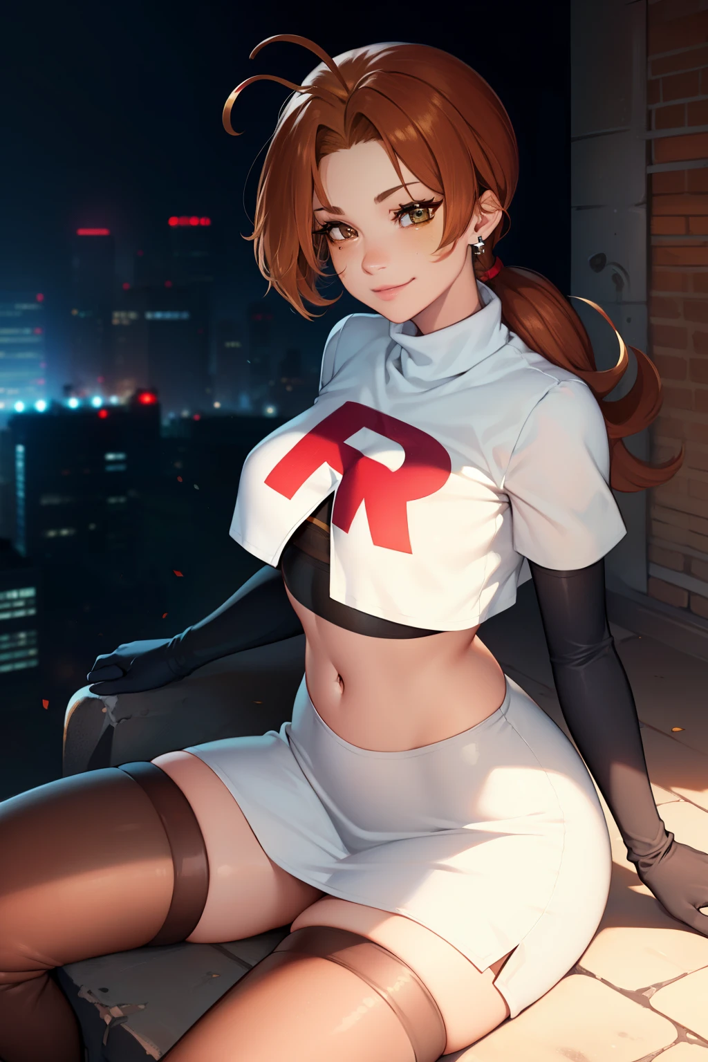 deliaketchum, brown hair, (brown eyes:1.7), parted bangs, (ahoge:1.5), ponytail, low ponytail,glossy lips, light makeup, eye shadow, earrings ,team rocket,team rocket uniform, red letter R, white skirt,white crop top,black thigh-high boots, black elbow gloves, evil smile look,