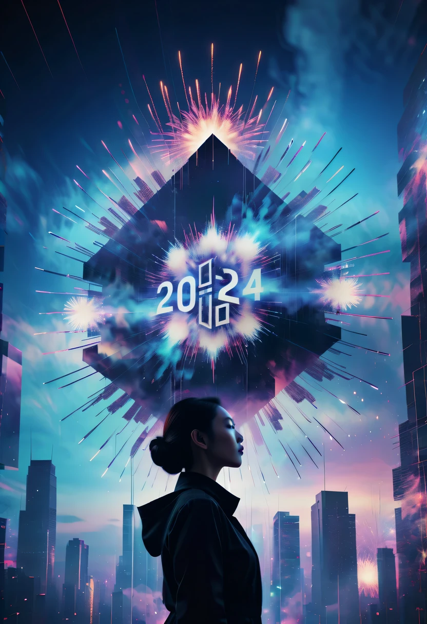 2024 new year poster,Transparent avatar，New Year&#39;s Eve Fireworks 2024，（multiple exposure：1.8）2024 New Year&#39;s Eve Vision Poster，Intricate poster for the year 2024 in surreal art style，2024 surreal dream new year poster，2024 surreal sci-fi new year dream poster