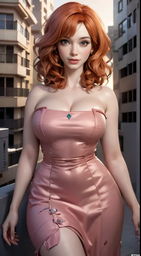 photo of christina hendricks, RAW, beautiful woman, ((portrait)), ((detailed face:1.2)), ((detailed facial feature, detailed skin, clear skin), (perfect proportioned body), (wearing a colorful strapless dress) (high detailed city environment, apartment bal...