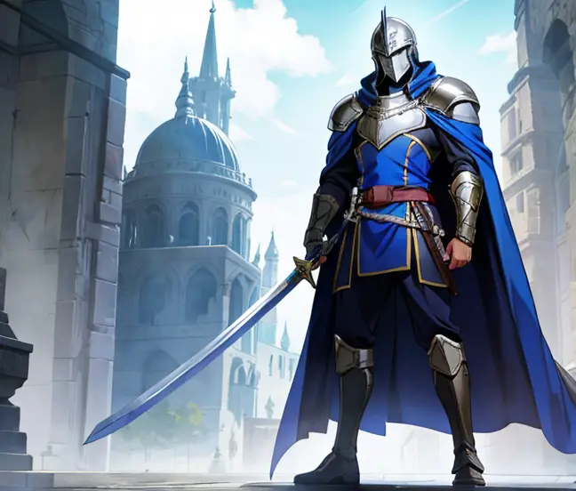 Male, guard, blue cloak, helmet that covers face, big sword, big man.