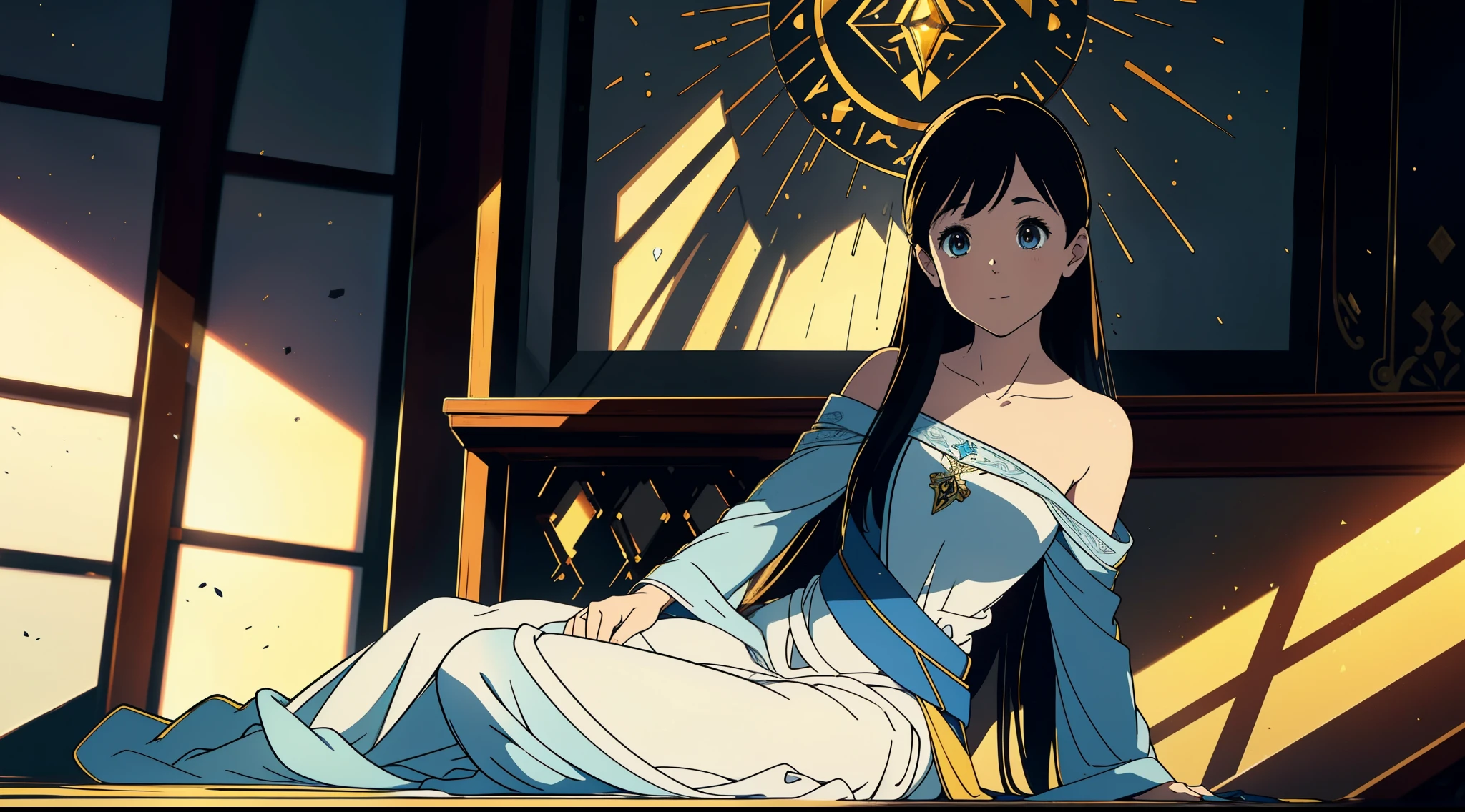 an alone mature girl with long blue and yellow eyes sitting on the bed and spread leg , night, High detail mature face, tie hair on the left side, golden eyes, bare leg, bare shoulder, white noble priest dress, high res, ultra sharp, 8k, masterpiece, smiling, fantasy world, magical radiance background ((Best quality)), ((masterpiece)), 3D, HDR (High Dynamic Range),Ray Tracing, NVIDIA RTX, Super-Resolution, Unreal 5,Subsurface scattering, PBR Texturing, Post-processing, Anisotropic Filtering, Depth-of-field, Maximum clarity and sharpness, Multi-layered textures, Albedo and Specular maps, Surface shading, Accurate simulation of light-material interaction, Perfect proportions, Octane Render, Two-tone lighting, Wide aperture, Low ISO, White balance, Rule of thirds,8K RAW, Aura, masterpiece, best quality, Mysterious expression, magical effects like sparkles or energy, flowing robes or enchanting attire, mechanic creatures or mystical background, rim lighting, side lighting, cinematic light, ultra high res, 8k uhd, film grain, best shadow, delicate, RAW, light particles, detailed skin texture, detailed cloth texture, beautiful face, 
(masterpiece), best quality, expressive eyes, perfect face,