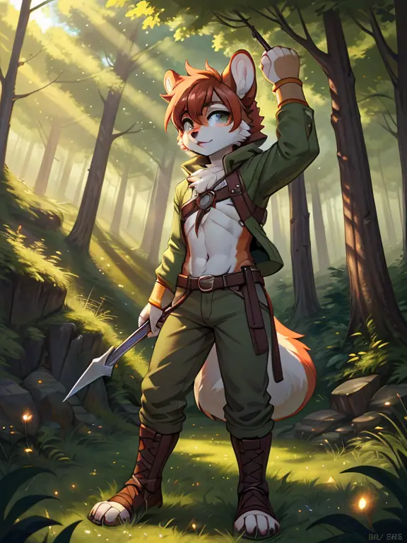 (masterpiece, best quality:1.3), androgynous chipmunk, face focus, thin body, green adventurer clothes, magical clothes, fully c...