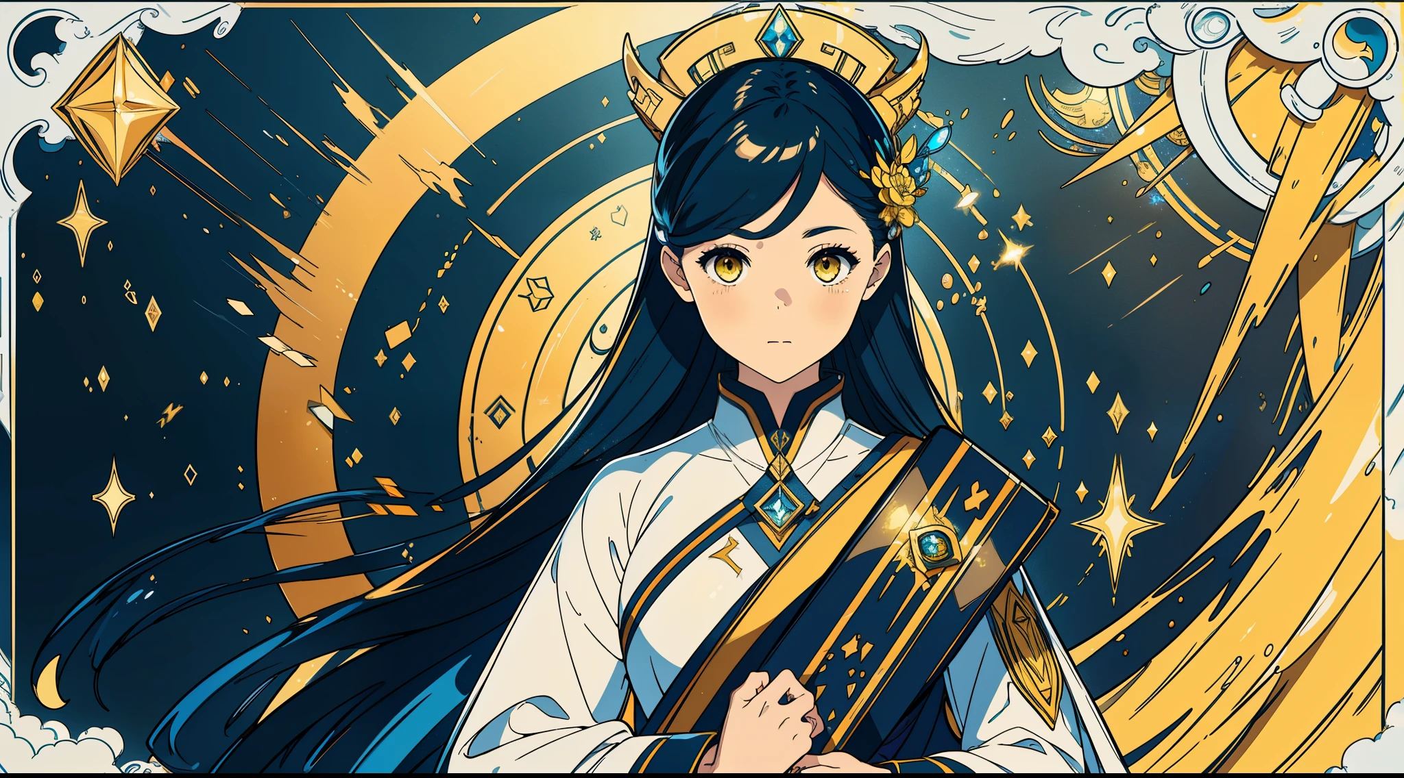 1 mature girl with long blue and yellow eyes with a big bible in her hand looking at camera, alone, High detail mature face, tie hair on the left side, golden eyes, full yellow cloak, black priest cloth, floating halo ring with radiance, high res, ultra sharp, 8k, masterpiece, smiling, fantasy world, magical radiance background ((Best quality)), ((masterpiece)), 3D, HDR (High Dynamic Range),Ray Tracing, NVIDIA RTX, Super-Resolution, Unreal 5,Subsurface scattering, PBR Texturing, Post-processing, Anisotropic Filtering, Depth-of-field, Maximum clarity and sharpness, Multi-layered textures, Albedo and Specular maps, Surface shading, Accurate simulation of light-material interaction, Perfect proportions, Octane Render, Two-tone lighting, Wide aperture, Low ISO, White balance, Rule of thirds,8K RAW, Aura, masterpiece, best quality, Mysterious expression, magical effects like sparkles or energy, flowing robes or enchanting attire, mechanic creatures or mystical background, rim lighting, side lighting, cinematic light, ultra high res, 8k uhd, film grain, best shadow, delicate, RAW, light particles, detailed skin texture, detailed cloth texture, beautiful face, 
(masterpiece), best quality, expressive eyes, perfect face,