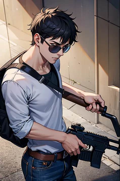 man character in a black shirt with light jeans, short cut hair, sunglasses posing walking, with a rifle in his hand,