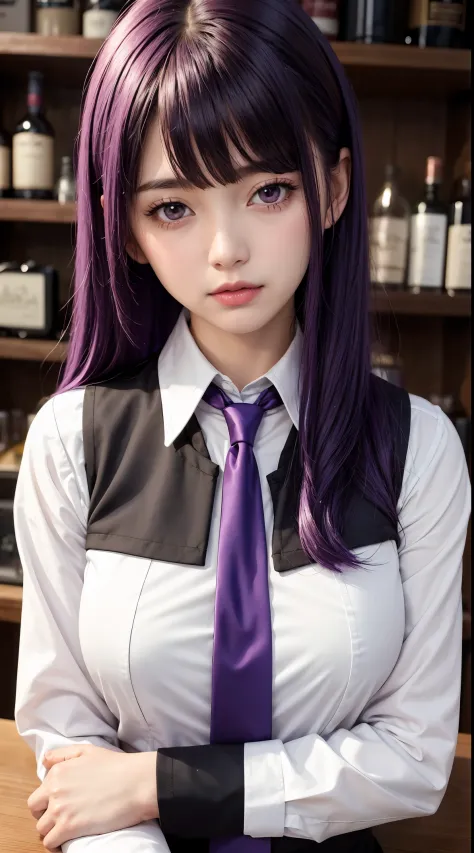 1girl, solo, bangs, blush, hand on own chest, jill stingray, long sleeves, looking at viewer, purple hair, medium breasts, neckt...