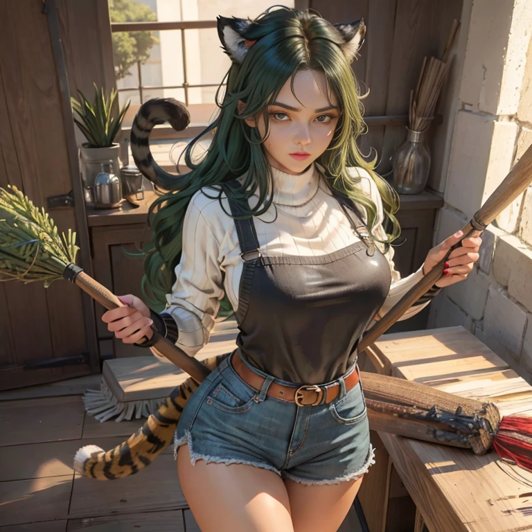 (masterpiece), (best quality), high resolution, ultra detail, photorealistic, 8K, intricate face, detailed body, detailed face, BREAK
1 girl, Beautiful girl, large breasts, narrow waist, athletic body, (long wavy hair, green hair, big red eyes, tiger ears, tiger tail),
BREAK
female baseball player, playing baseball, batter, batting, ((holding a broomstick:1.4)), (sweater, denim shorts, apron), house, outdoor, winter