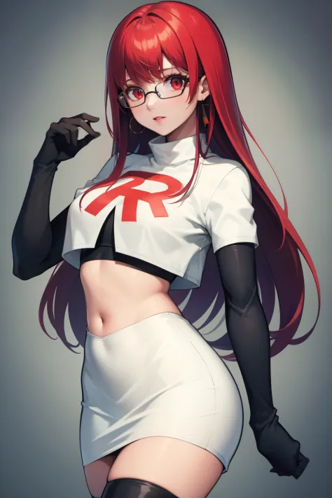 Yoshizawa Sumire, red hair ,long hair, glasses, straight hair, red eyes ,glossy lips, light makeup, eye shadow, earrings ,team r...