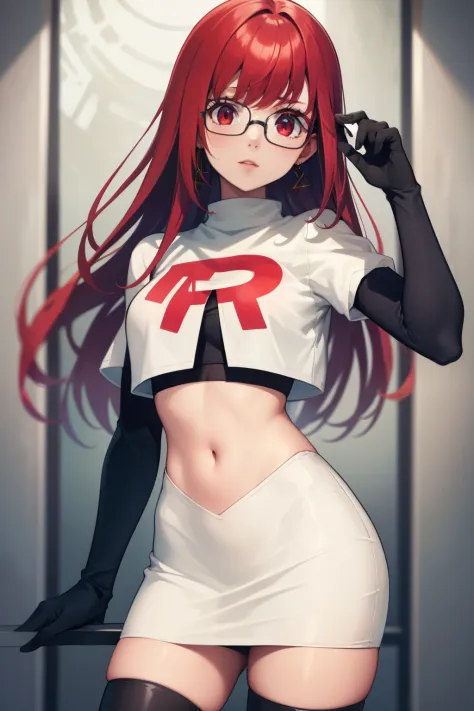 Yoshizawa Sumire, red hair ,long hair, glasses, straight hair, red eyes ,glossy lips, light makeup, eye shadow, earrings ,team r...