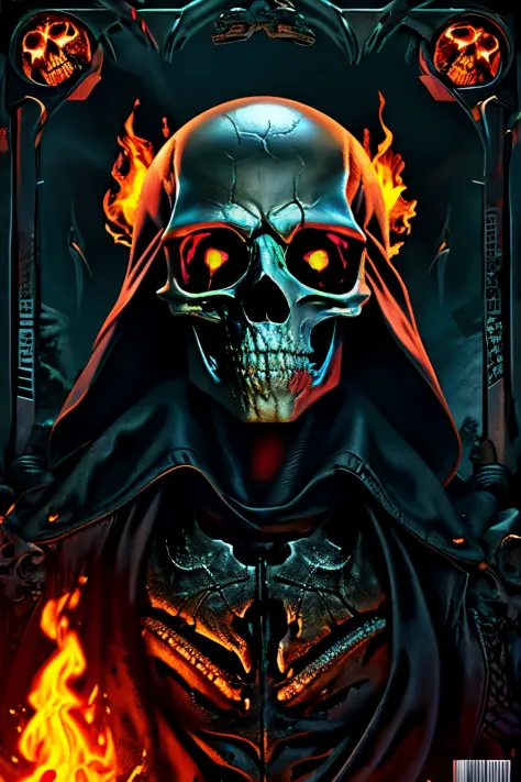 cyborg, magazine cover, poster art , Lovecraftian horror genre,  hint of crimson, bold huge text, matted design layout. a close up of a skull with flames on it's face, flaming skull, fiery skull contemplating life, skull design for a rock band, flame, flam...