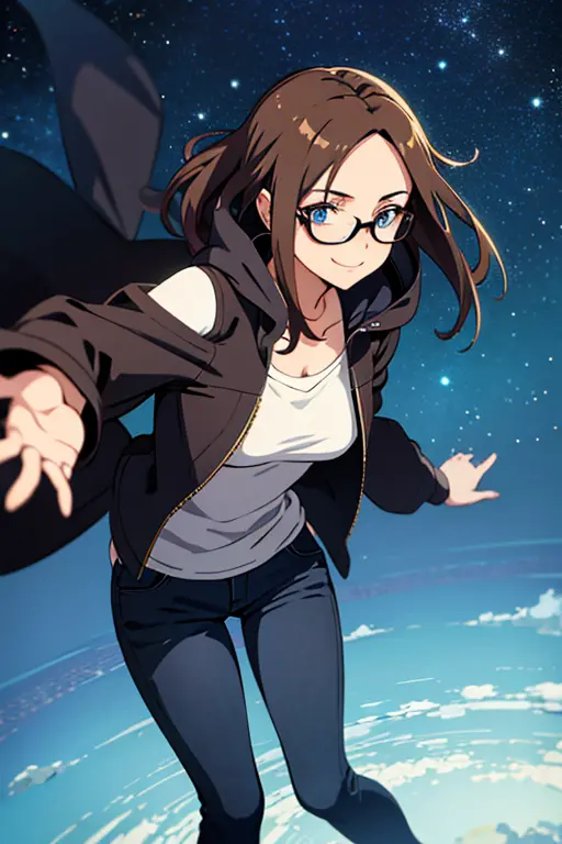 Anime woman, 30 years old, blue eyes, shoulder-length brown hair, free forehead, hair lying on the sides of the face, black hood...