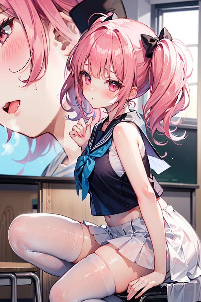 Perfect human body，1 girl， (very highly detailed background，Classroom)，twintails， 鎖骨，(Ultra short sleeveless sailor top)，Bow knot，nabel，Low-rise miniskirt，semi transparent，(White stockings)，((woman with fever)), ((perspired,Steaming,college aged))), Colossal titpression of color)), (blush blush:1.2),