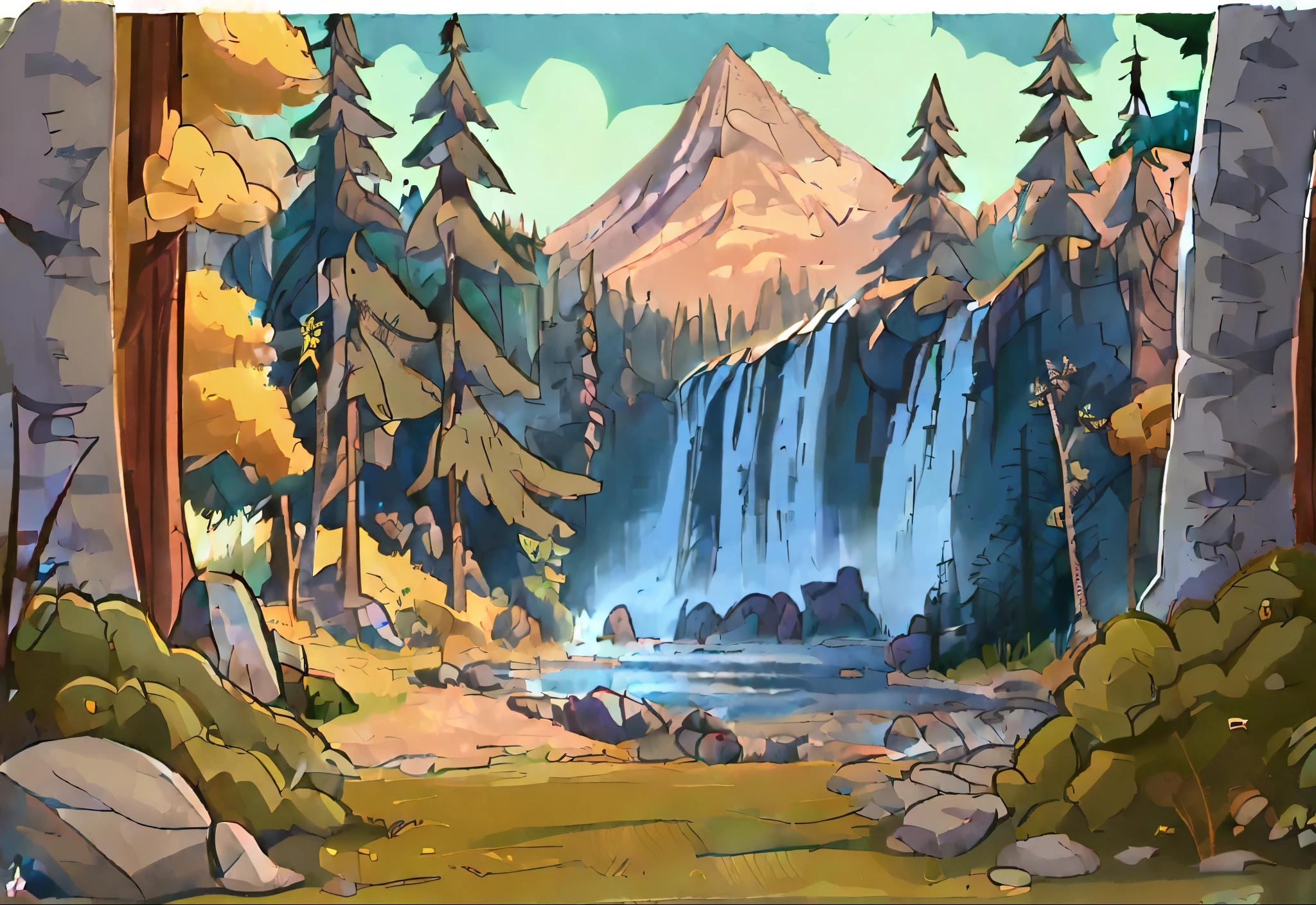 illustration of a natural landscape, Estilo Gravity Falls, cachoeira: Uma cachoeira fluida graciosamente de um penhasco rochoso, criando um lago azul cristalino abaixo. The water sparkles in the sunlight and reflects the colors of the sky and trees. The waterfall is the central and most impressive element of the image. brazi: brazi altas e verdes, possivelmente pinheiros ou abetos, circundam a cachoeira e o lago. They create a contrast with the blue of the water and sky, and add a sense of depth and perspective to the image. The trees also suggest that the scene takes place in a cold environment., mountainous region.. montanha: A snow-capped mountain rises majestically in the background under a clear blue sky. It is the farthest and tallest element in the image, and conveys a feeling of grandeur and grandeur. The mountain also indicates that the scene takes place at high altitude and that the waterfall is fed by meltwater... rochas: Large rocks are scattered across the foreground and edge of the lake... They are gray and brown in color, and have irregular and angular shapes. Create a contrast with the softness and fluidity of water, and add a sense of texture and realism to the image. Rocks also serve as points of interest and balance in the image composition...