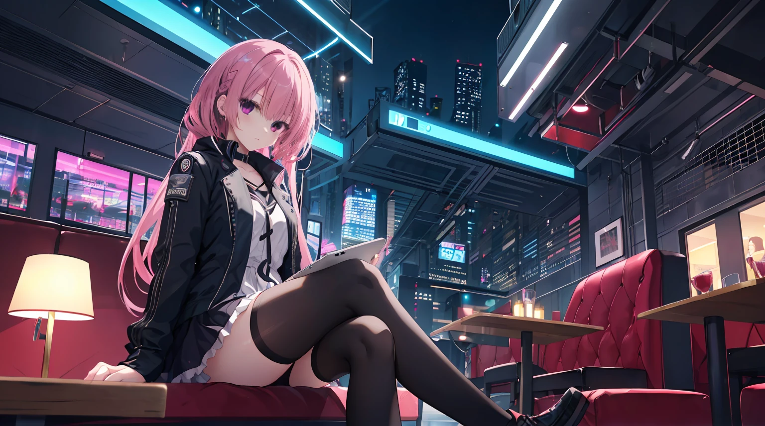 one-girl，solo，Long pink hair，Medium-hair long，dishiveredhair，long sleeve gaming clothelack short skirt，cyber punk personage,natta, City background at night，Digital punk, Anime style 4k, sitting in the couch，Indoors，In the restaurant，Black stockings，mitsukasa ayase、Character-centric