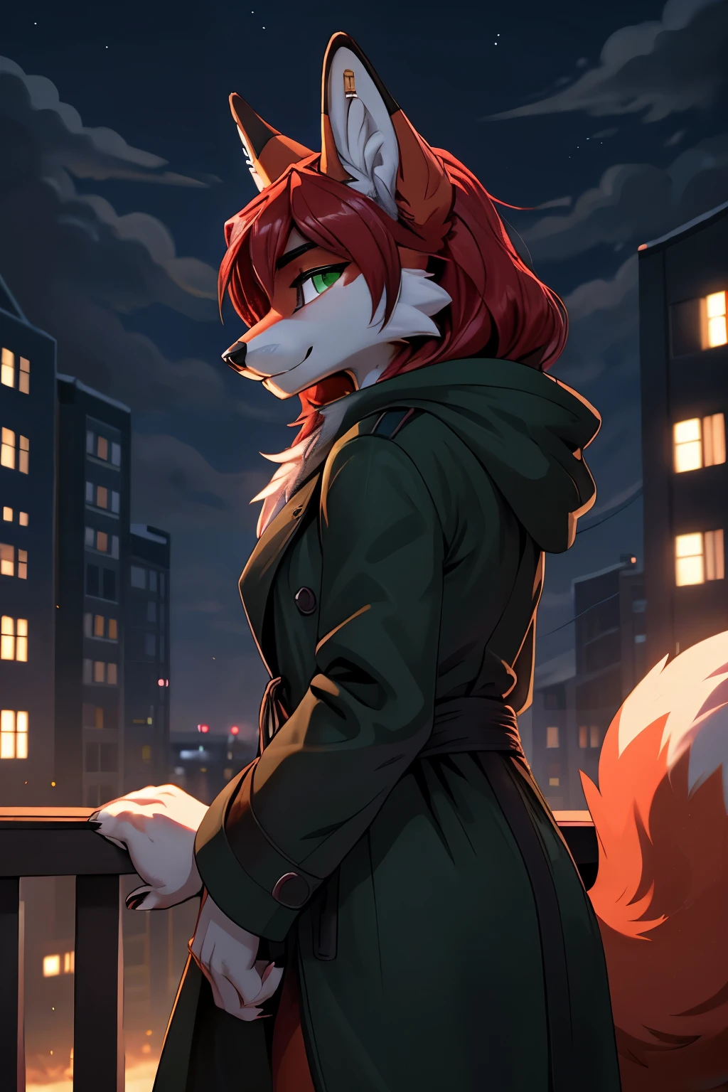 masterpiece, best quality, ((girl)), (colorful),(finely detailed beautiful eyes and detailed face),cinematic lighting,extremely detailed CG unity 8k wallpaper, sky, cloudy_sky, building, (dark theme:1.3), light, fantasy, Fox Ears, red hair and green eyes, ((dark green overcoat)) Foxian, Furry fox