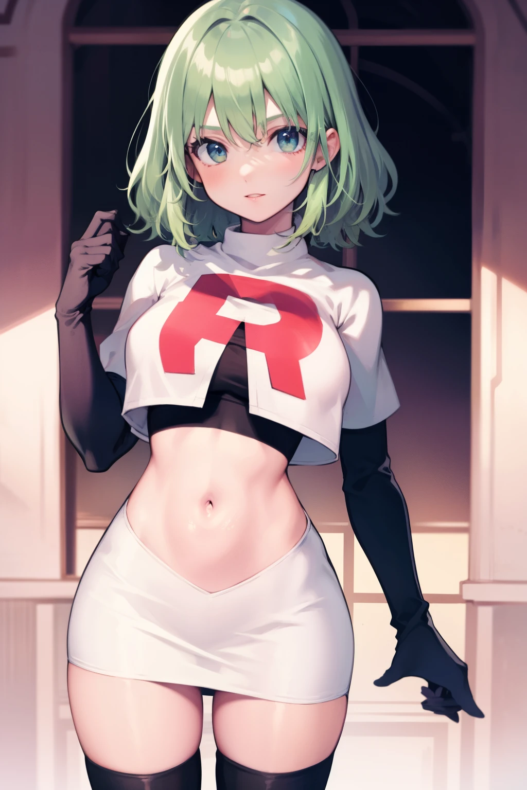 fembyleth, very short hair, light green hair ,glossy lips ,team rocket uniform, red letter R, white skirt,white crop top,black thigh-high boots, black elbow gloves, looking at viewer, cowboy shot