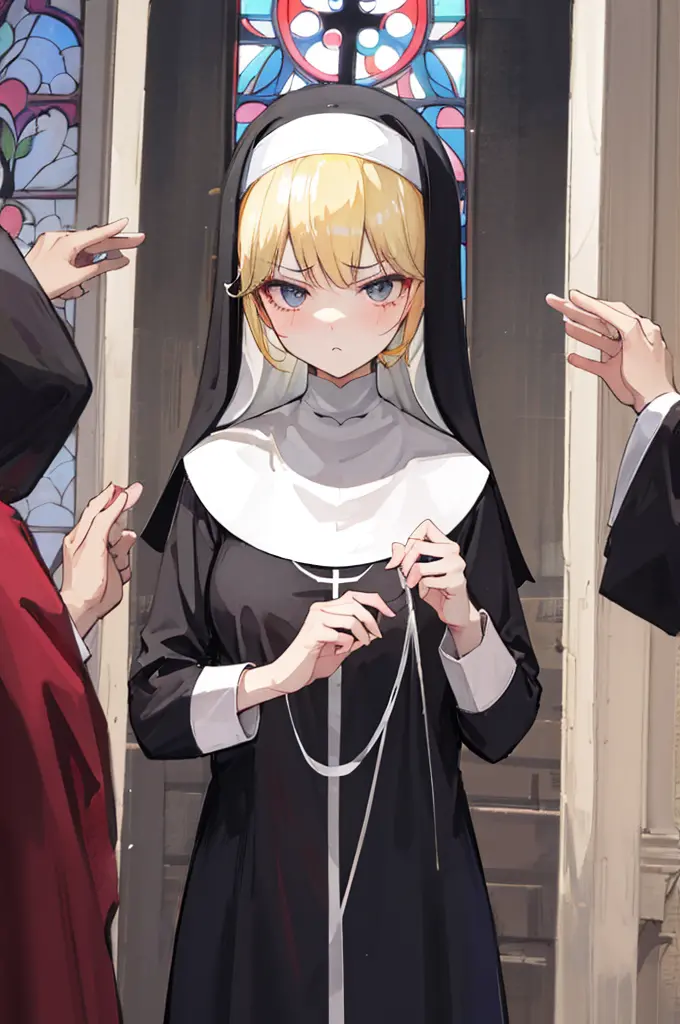 lewd nun，dressed in(ultra-short)lewd nun，fully body photo，oversized，titmouse，hason，teary，glaring eyes，（（独奏）），combed blonde hair，...