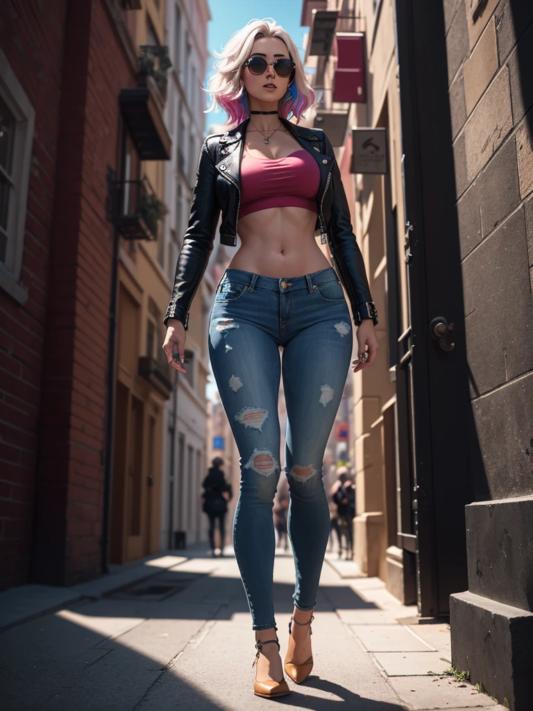 realisticlying, hyper realisitc,3D, art  stations, CG, 8K,
Award-winning photography of a beautiful woman walking in the park, (Fashionab), (multicolour hair:1.2), cheekbones, 详细的脸, Gem Labyrinth,  A nice long leather jacket, Tattered jeans, Delicate upper skin, perfect anatomia, Wide hips, smooth midriff, thigh gap), sunglasses colorful, A vibrant