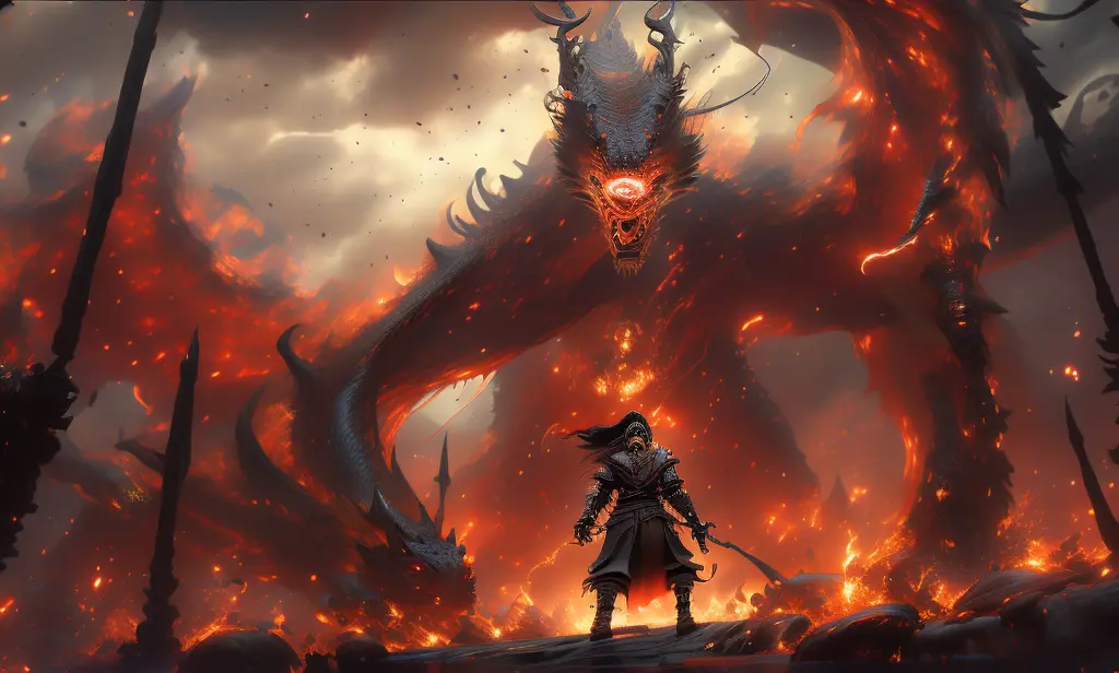 a demonic creature with sword and armor stands in front of a roaring fire., faced with a battle with a dragon.. la criatura tien...