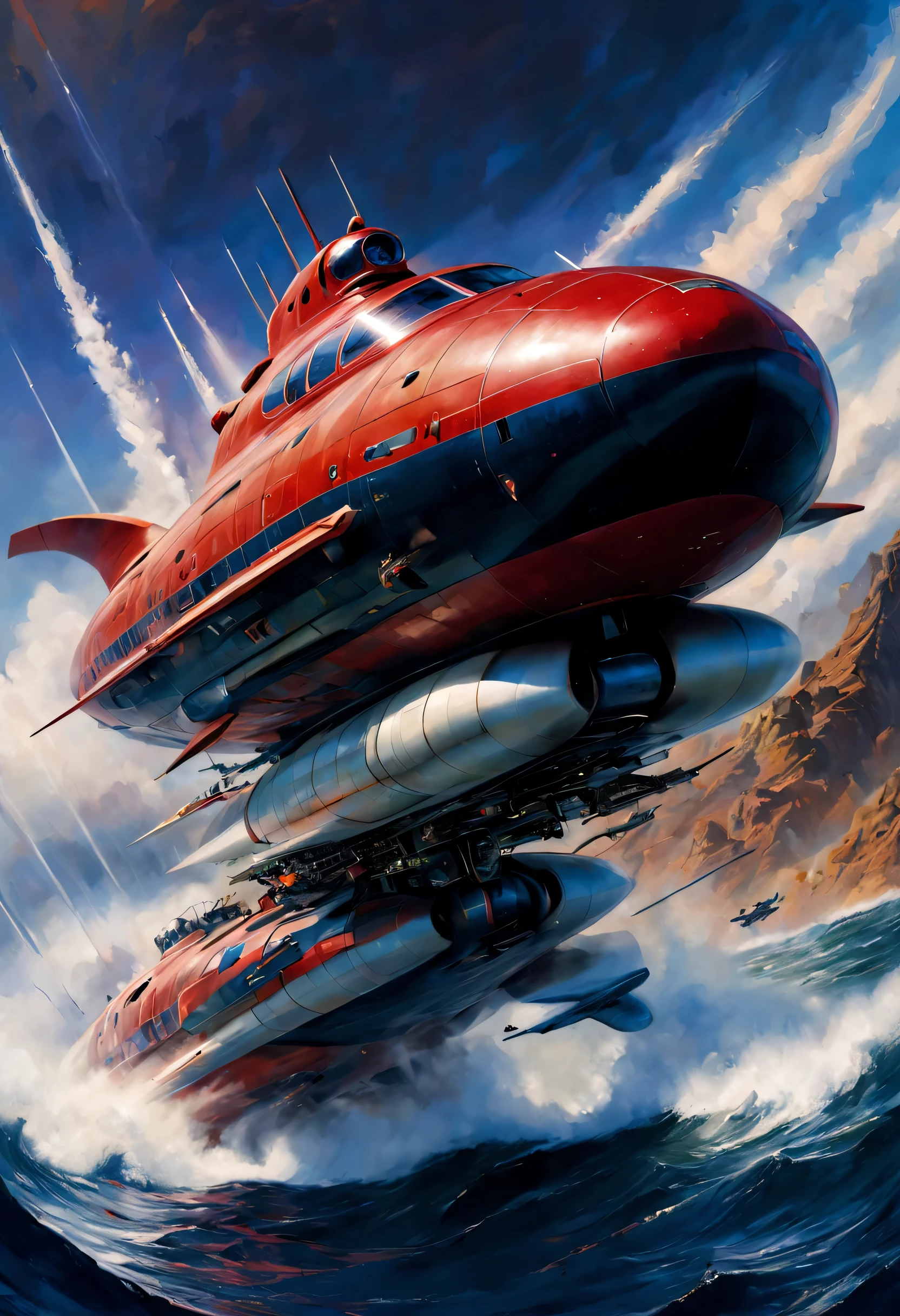 azul marino, rayas rojas y blancas, Vibrante, Gleaming commercial submarine that travels in the depths of the ocean., arte de john berkey, arte de chris foss, arte de Frank frazetta, Estilo Leonardo, extranjero, ovni, Era, mecha, objeto, advanced technology, delicado, extravagante, flota en el mar, arte de john berkey, arte de chris foss, arte de Frank frazetta,