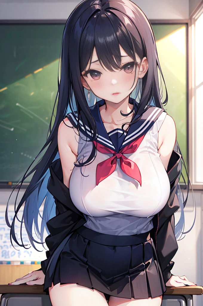 Perfect human body，1 woman，Mature woman， (very highly detailed background，‎Classroom), 鎖骨，Sleeveless sailor suit，Loose neckline，Low-rise miniskirt，((woman with fever)), ((perspired))), Colossal tits，Indecent expressionlush blush:1.2),Pubic hair shows through，Next to him stood a man，Man taking photo of girl，，