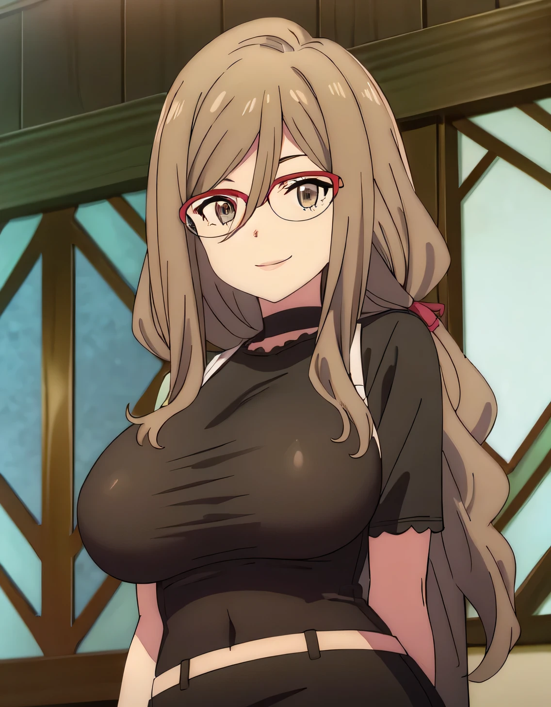 Nakahara Rishi,absurderes,Perfect Anatomy,Nakahara Mitsuki,Long hair,Red-framed eyewear,Black shirt,Tight skirt,Smile,office room,(Large breasts:1.5),Looking at Viewer,(((masutepiece))),((Best Quality)),Perfect Anatomy,8K UHD,extra detailed face,gloss and shiny,((1girl in)),((Solo)),(Beautiful detailed eyes:1.5),image perfect,(Upper body:1.1),(Look at the front:1.1),arms behind back,Slim waist,Shiny hair,Standing