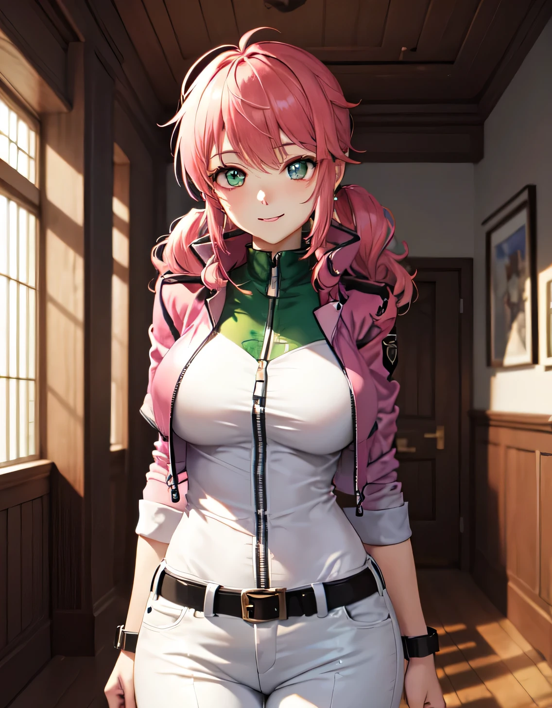 feldt grace, felt uniform, Long hair, Cropped jacket, Pink jacket, White pants, Belt bag,(Large breasts:1.5),Looking at Viewer,(((masutepiece))),((Best Quality)),Perfect Anatomy,8K UHD,extra detailed face,gloss and shiny,((1girl in)),((Solo)),(Beautiful detailed eyes:1.5),image perfect,(Upper body:1.1),(Look at the front:1.1),Arms behind,Slim waist,Shiny hair,Standing,lightsmile,indoor hall,