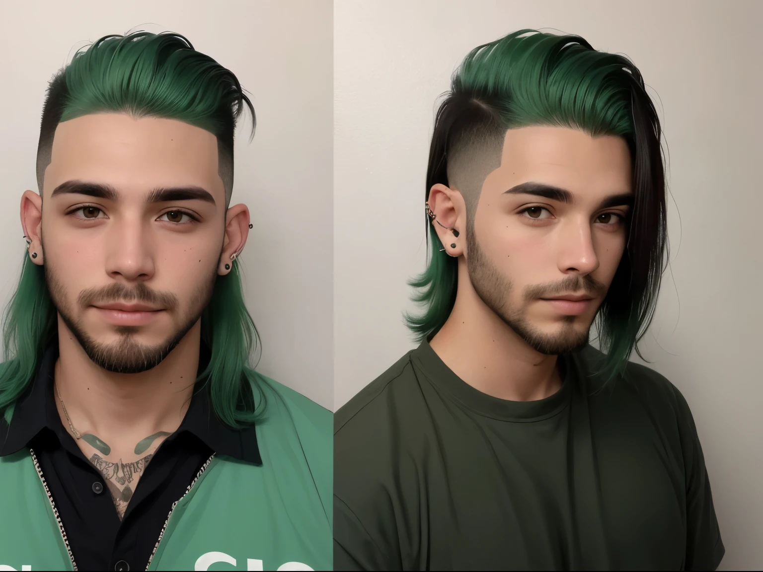 Dos hombres con cabello verde y una camisa verde posan para una foto. -  SeaArt AI