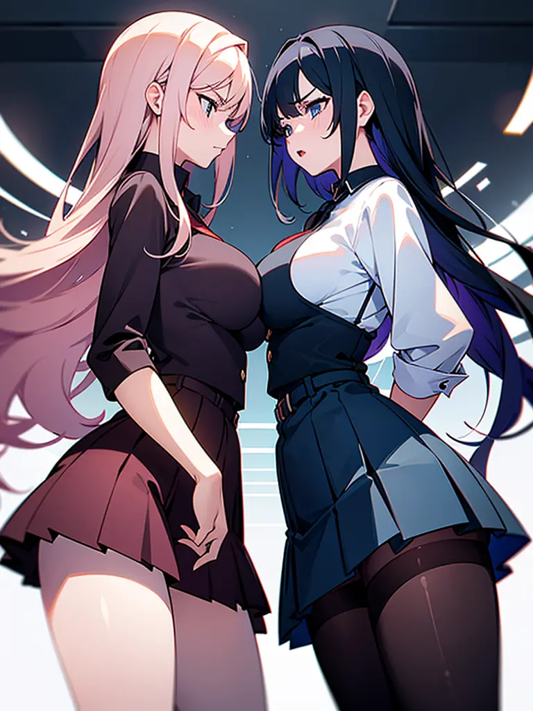 Two girls with big boobs pressing their against each other, short skirt and  pan - SeaArt AI