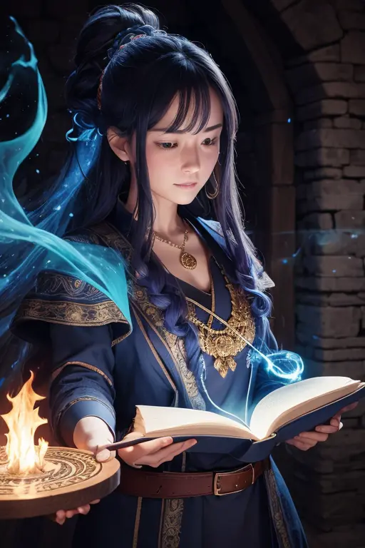 Colorful portrait illustration, (attractive female as a sorcerer, Ponytail, Wearing_long_flowing_Blue_Convoluted_embroideries_so...