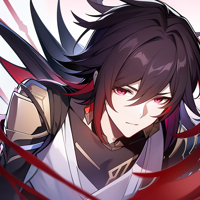 Male, masculine version of Veliona, starchasm nyx from honkai impact 3rd, black, red, gold accessories, black hair with red underlayer, clear face, high resolution, close up.