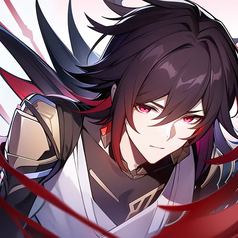 Male, masculine version of Veliona, starchasm nyx from honkai impact 3rd, black, red, gold accessories, black hair with red unde...