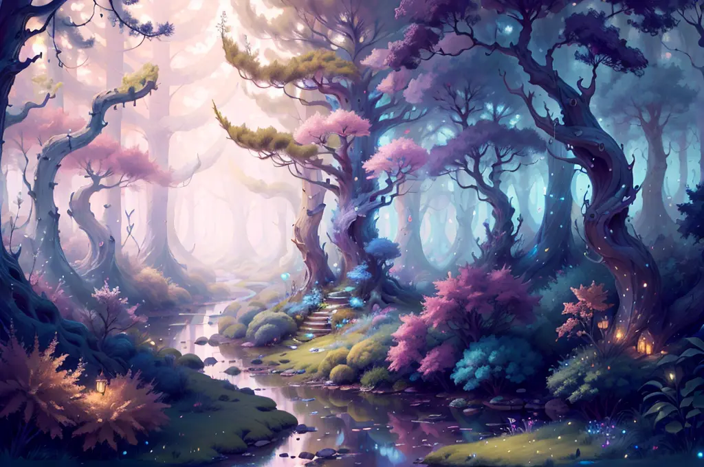 FairyTaleAI  masterpiece, trending, 8K  a magical forest filled with towering trees and sparkling stream