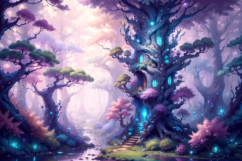 Obra maestra de FairyTaleAI, tendencias, 8K un bosque mágico lleno de árboles imponentes y arroyos brillantes