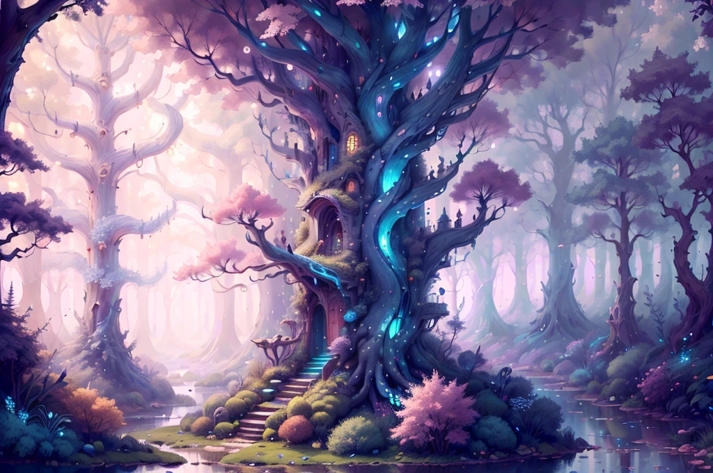 FairyTaleAI-Meisterwerk, Beliebt, 8K ein magischer Wald voller hoch aufragender Bäume und glitzernder Bäche