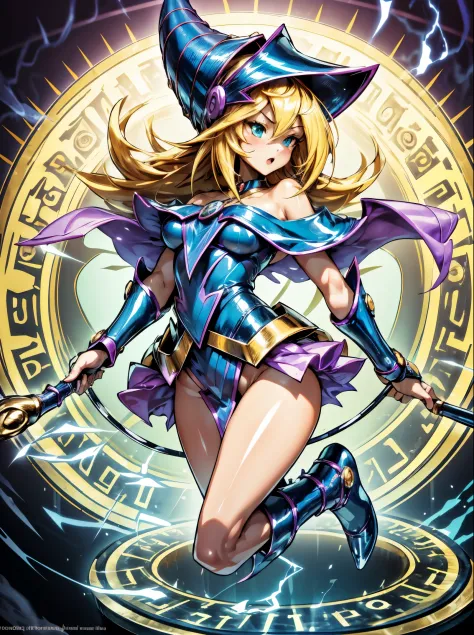 ultra-detailed, extremely detailed, masterpiece, highest quality, best quality, absurdres, highres, dark magician girl, (1girl:1.2), solo, detailed face, dynamic pose, hair flow, (full body:1.1),  blonde hair, long hair, looking at viewer, green eyes, skin...