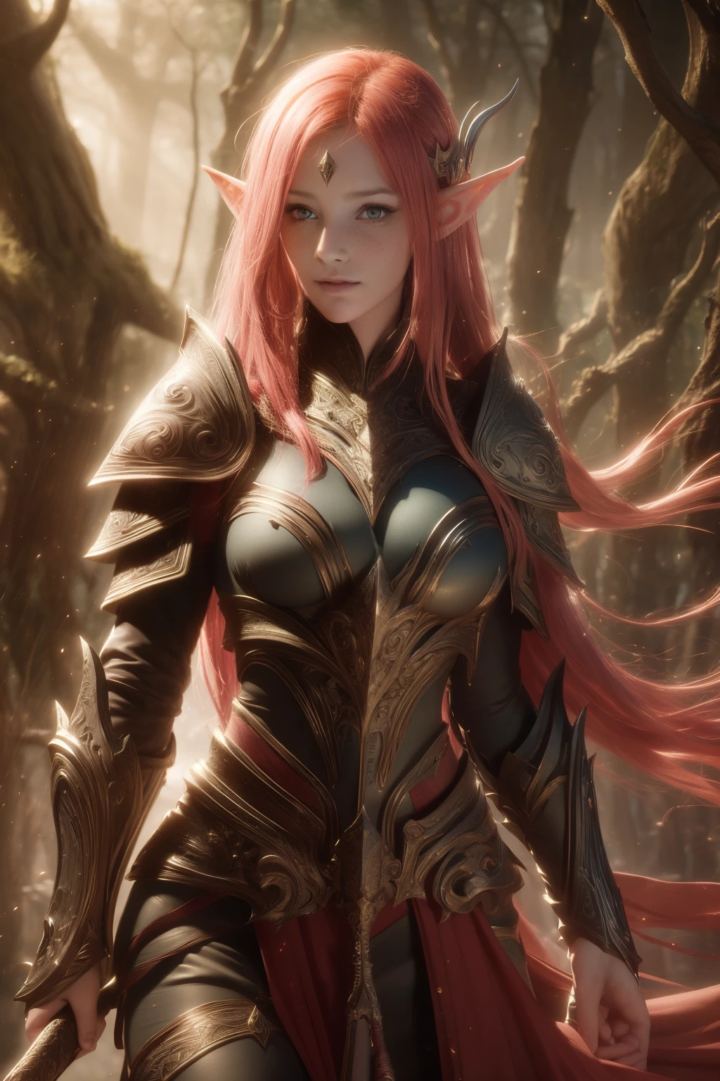 Fantasy, medieval, ((best quality)), ((masterpiece)), (detailed), perfect face, beautiful sexy elf, standing, heroic pose, pink hair, big eyes, purple eyes, black eyeliner, , freckles, wearing elven armor, underboob, cameltoe, greatsword on the back, outdoors, gloomy forest, battlefield