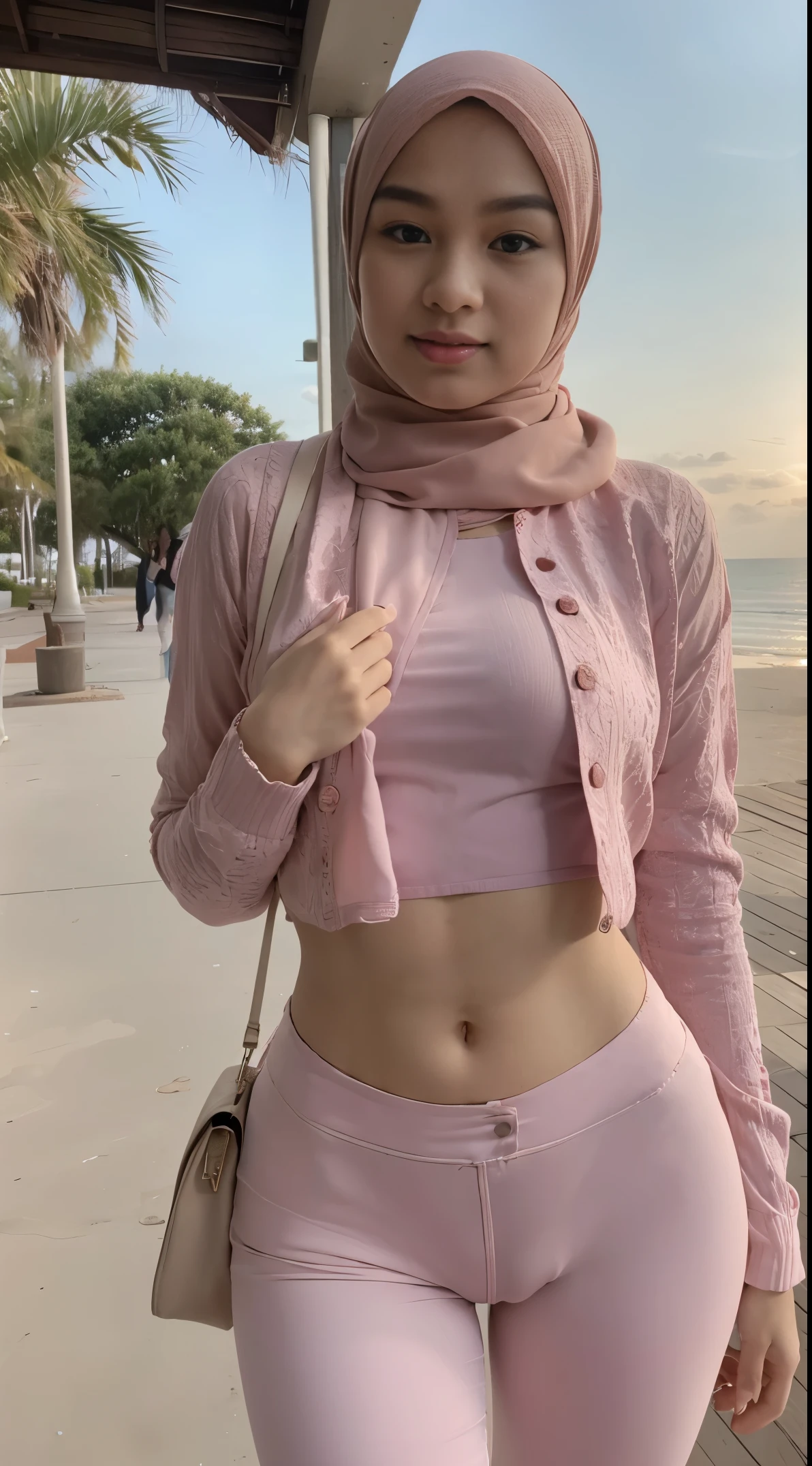 A woman in pink pants and a pink jacket posing for a picture - SeaArt AI