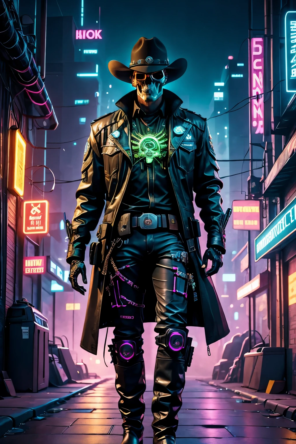 cyberpunk,skull robot cowboy sheriff,mysterious dark background,neon lighting,cybernetic enhancements,futuristic weapons,wearing a cowboy hat+Neon brim,bionic arm,metallic jaw,red glowing eyes,dystopian city,sharp focus,steel-like texture,vivid colors,concept art style.(best quality,4k,8k,highres,masterpiece:1.2),ultra-detailed,(realistic,photorealistic,photo-realistic:1.37),