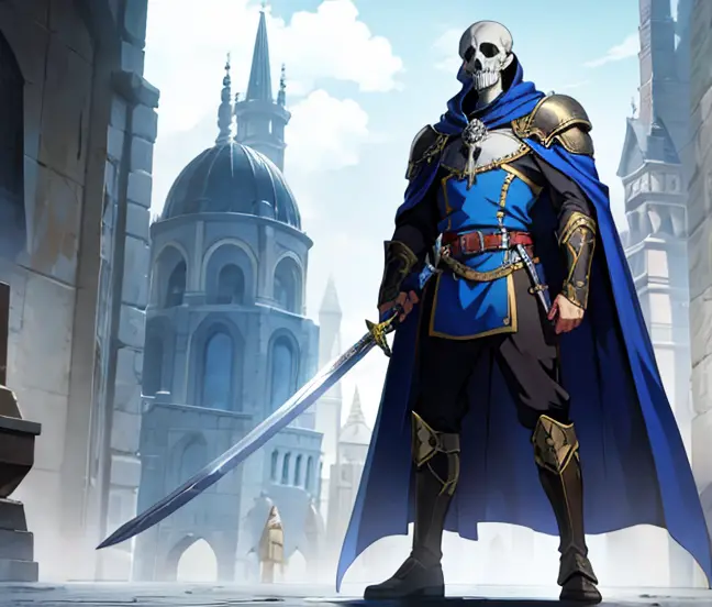 Male, guard, blue cloak, skull head, undead, big sword, big man.